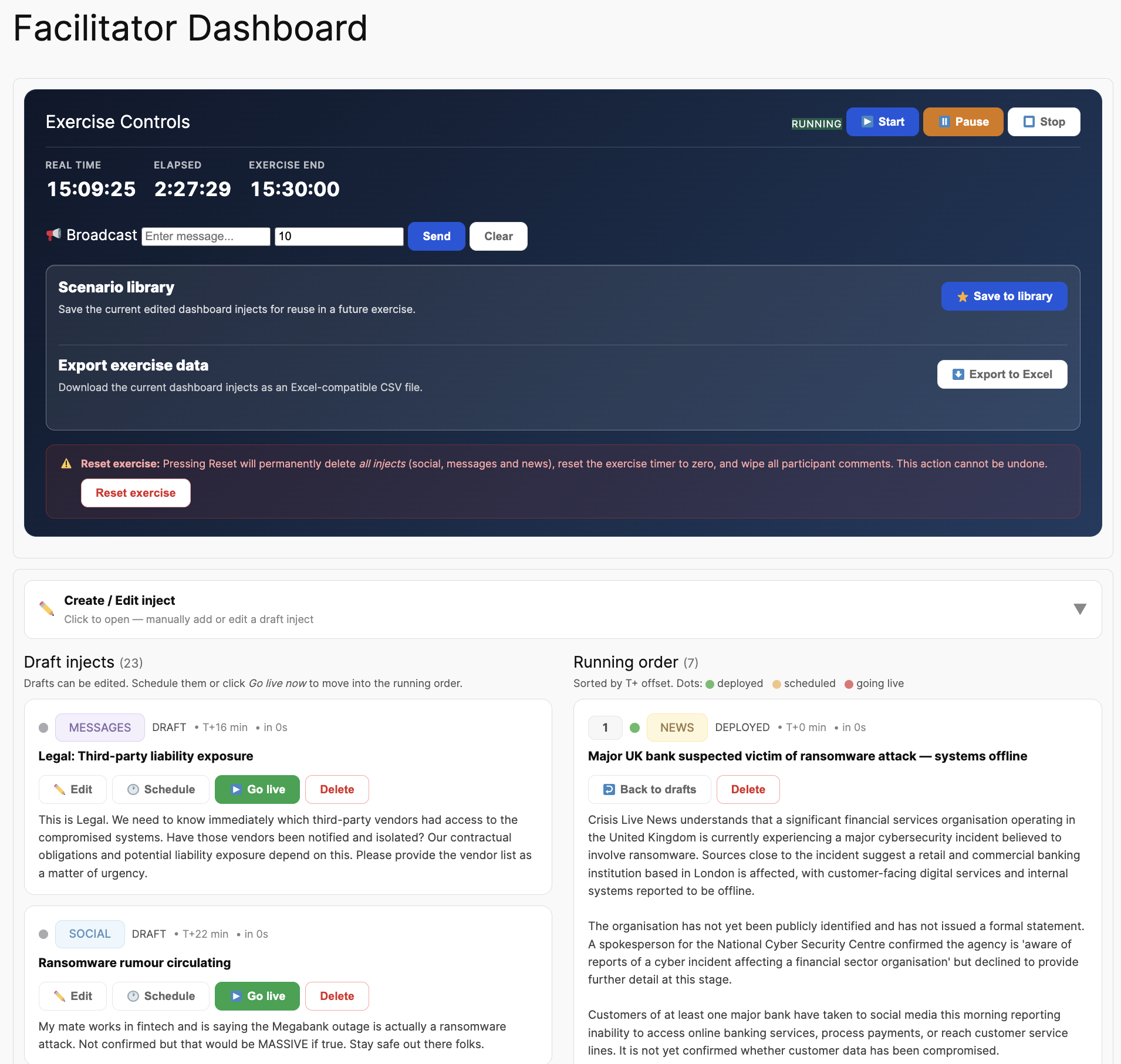Facilitator Dashboard with full exercise control