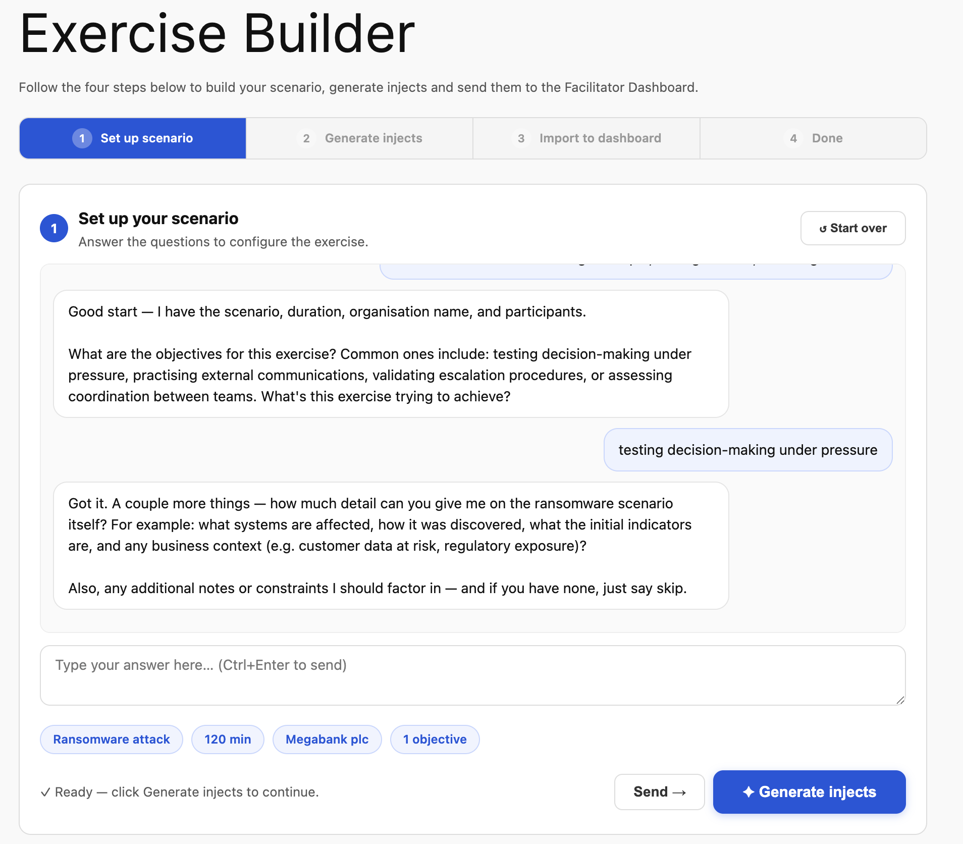AI conversation building a crisis exercise